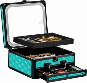 TOPACK Makeup Cases with Led Mirror, Portable Makeup Box Make Up Case with Mirror Makeup Travel Case Makeup Box Travel Jewelry Case Organizer-Water Cube