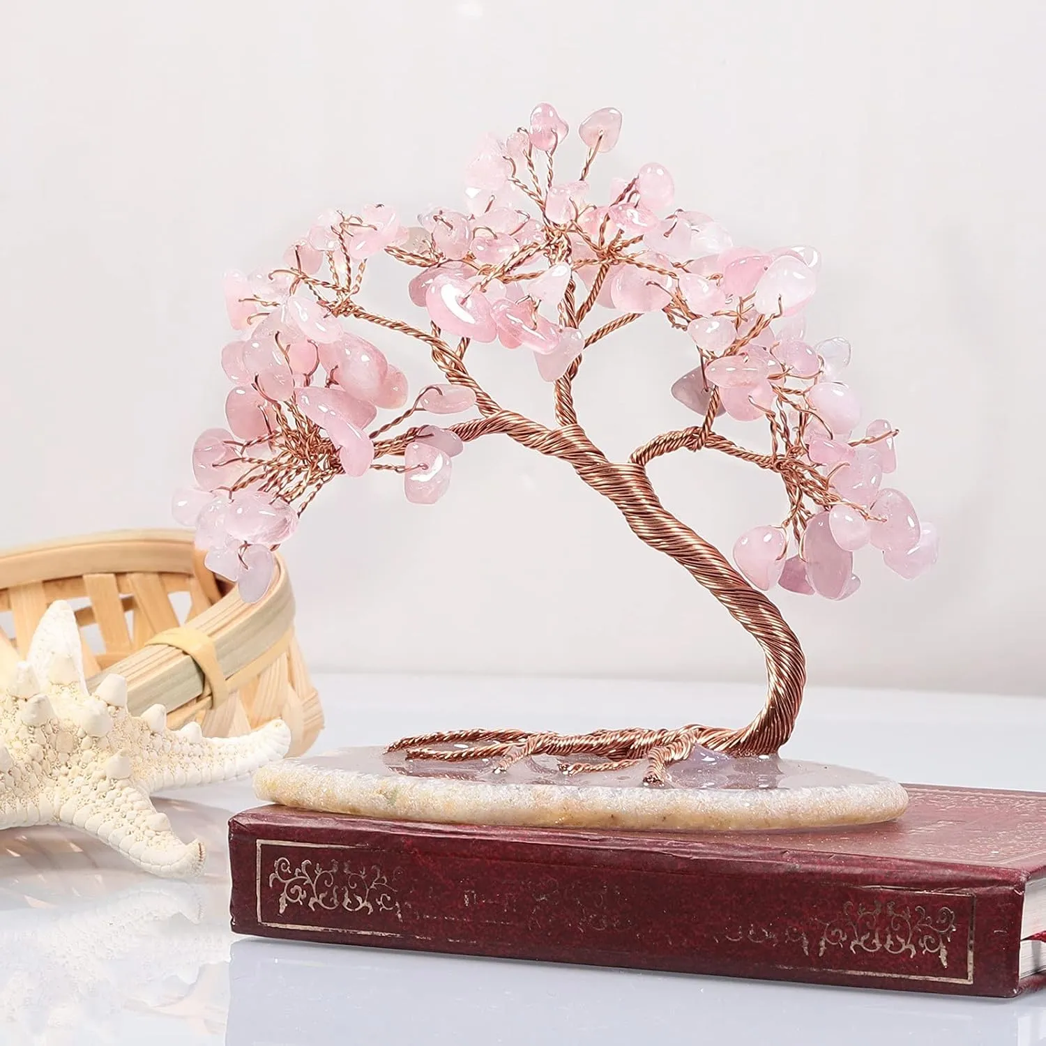 TUMBEELLUWA Reiki Crystal Money Tree with Agate Slice Base Feng Shui Stone Bonsai Tree Figure Decor for Happiness Good Luck and Wealth, Rose Quartz