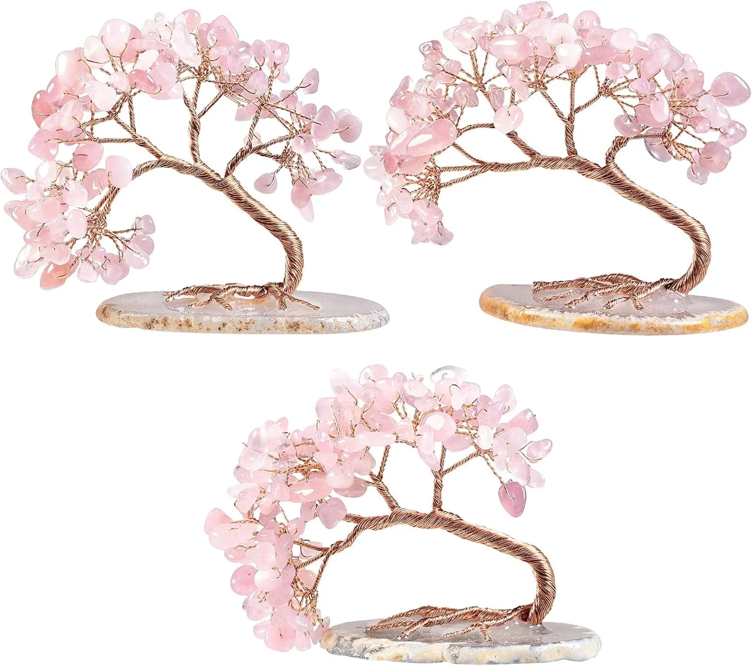 TUMBEELLUWA Reiki Crystal Money Tree with Agate Slice Base Feng Shui Stone Bonsai Tree Figure Decor for Happiness Good Luck and Wealth, Rose Quartz