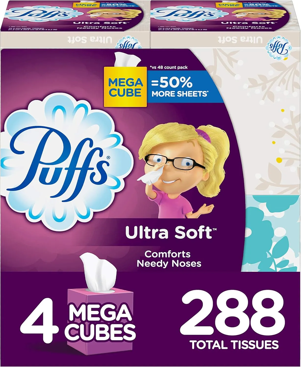 Ultra Soft Non-Lotion Facial Tissues, 4 Mega Cube Boxes (288 Total Tissues)