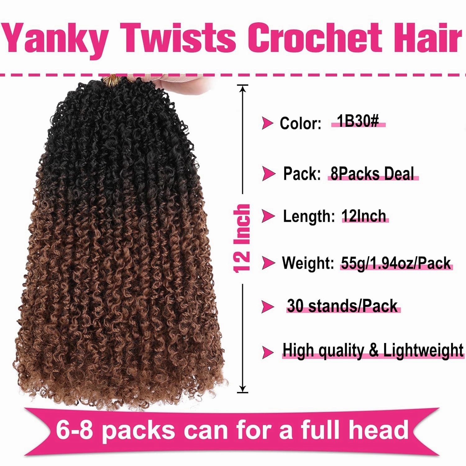 Unionbeauty 12 Inch Pre-twisted Yanky Twists Crochet Braids Hair 8Pcs Pre-looped Ombre Brown mini Senegalese Twist Micro Passion Twist Crcochet Hair with Curls Synthetic Crochet Hair Extensions 1B/30#