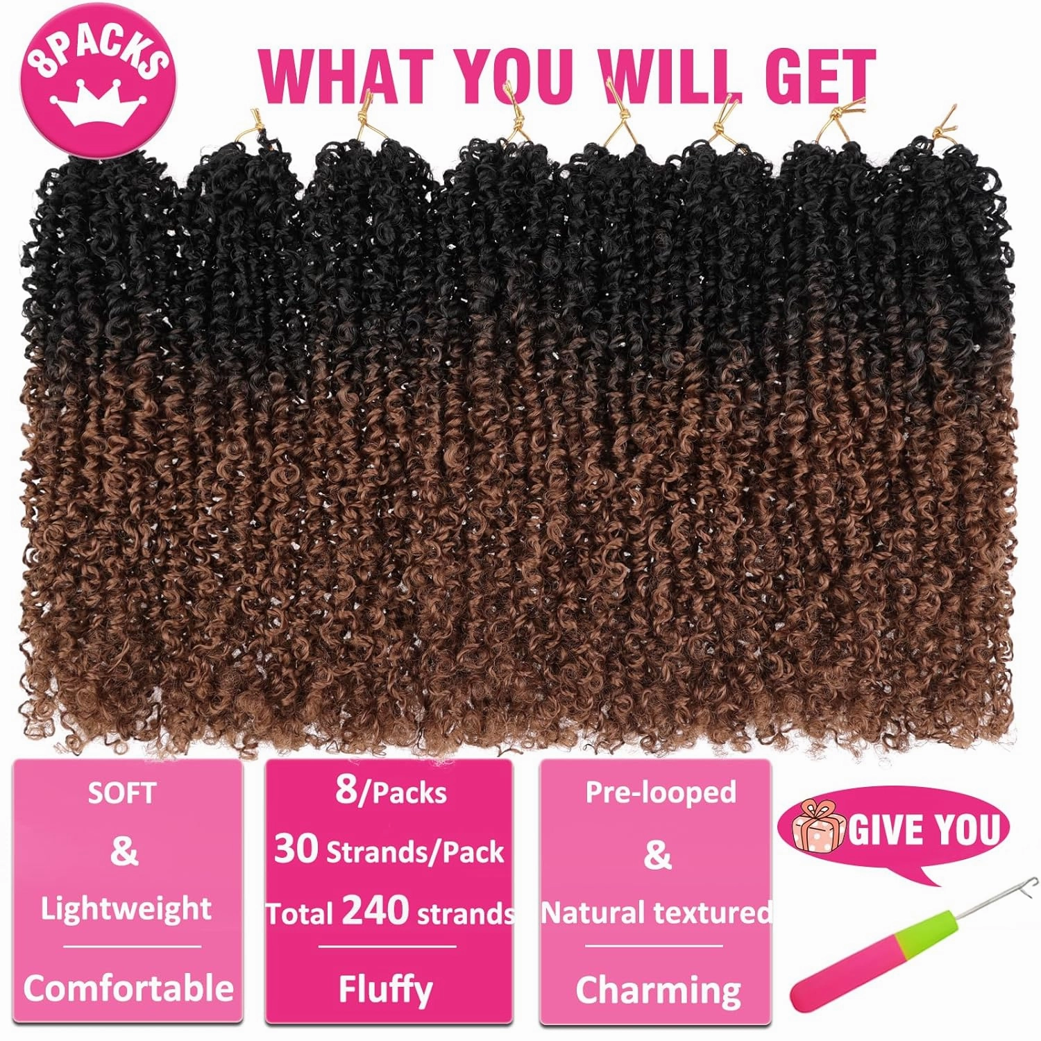 Unionbeauty 12 Inch Pre-twisted Yanky Twists Crochet Braids Hair 8Pcs Pre-looped Ombre Brown mini Senegalese Twist Micro Passion Twist Crcochet Hair with Curls Synthetic Crochet Hair Extensions 1B/30#