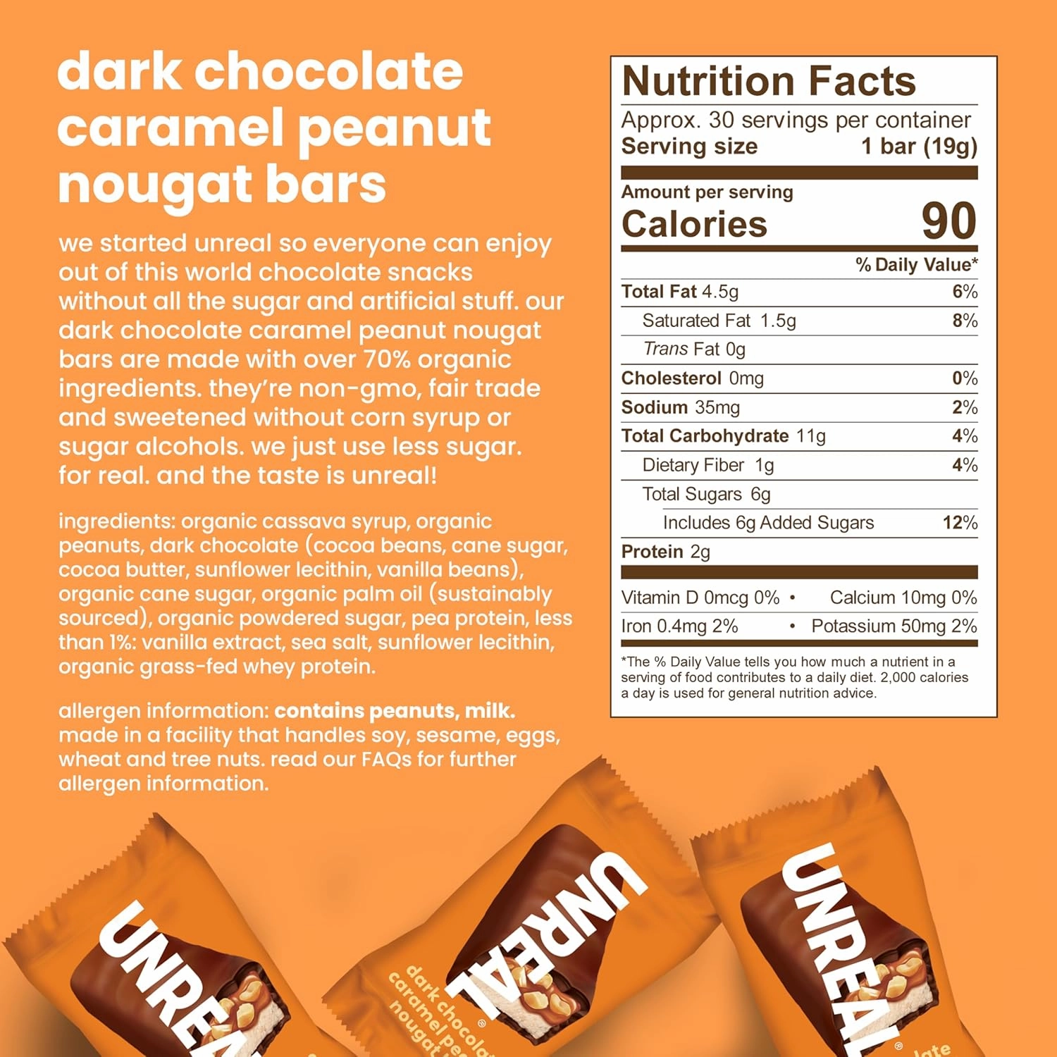 UNREAL Dark Chocolate Peanut Caramel Nougat Bars (30 Mini Bars) | 70% Organic Ingredients, Fair Trade, Non-GMO | No Corn Syrup, Sugar Alcohols, Soy | .67oz each