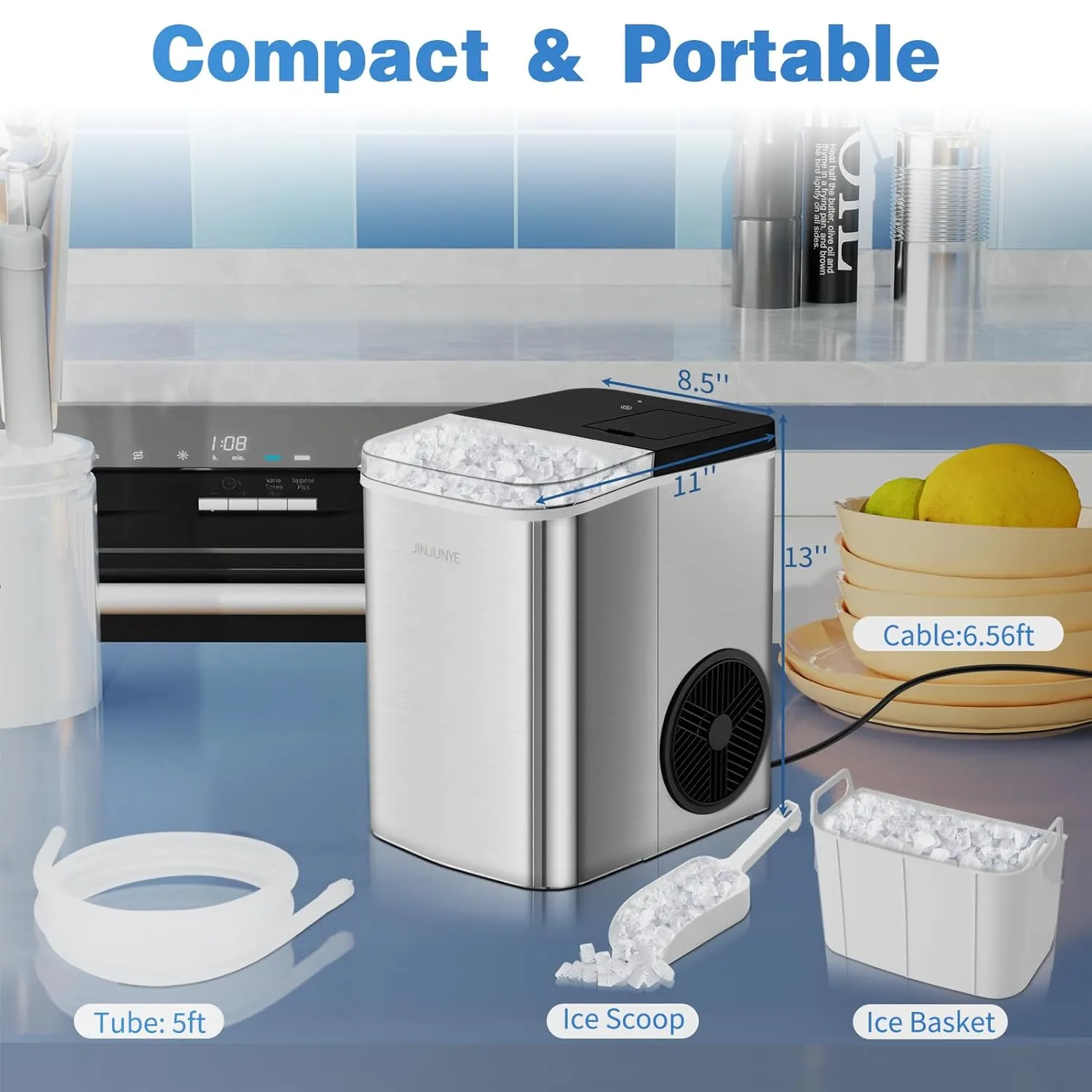 Upgraded Ice Maker Nugget Ice Maker Countertop, 40LBS/Day, Timer, 2 Way Add Water, Soft Chewable Pellet Ice Machine, Portable Crushed Ice Makers for Home, Kitchen, Stainless Steel