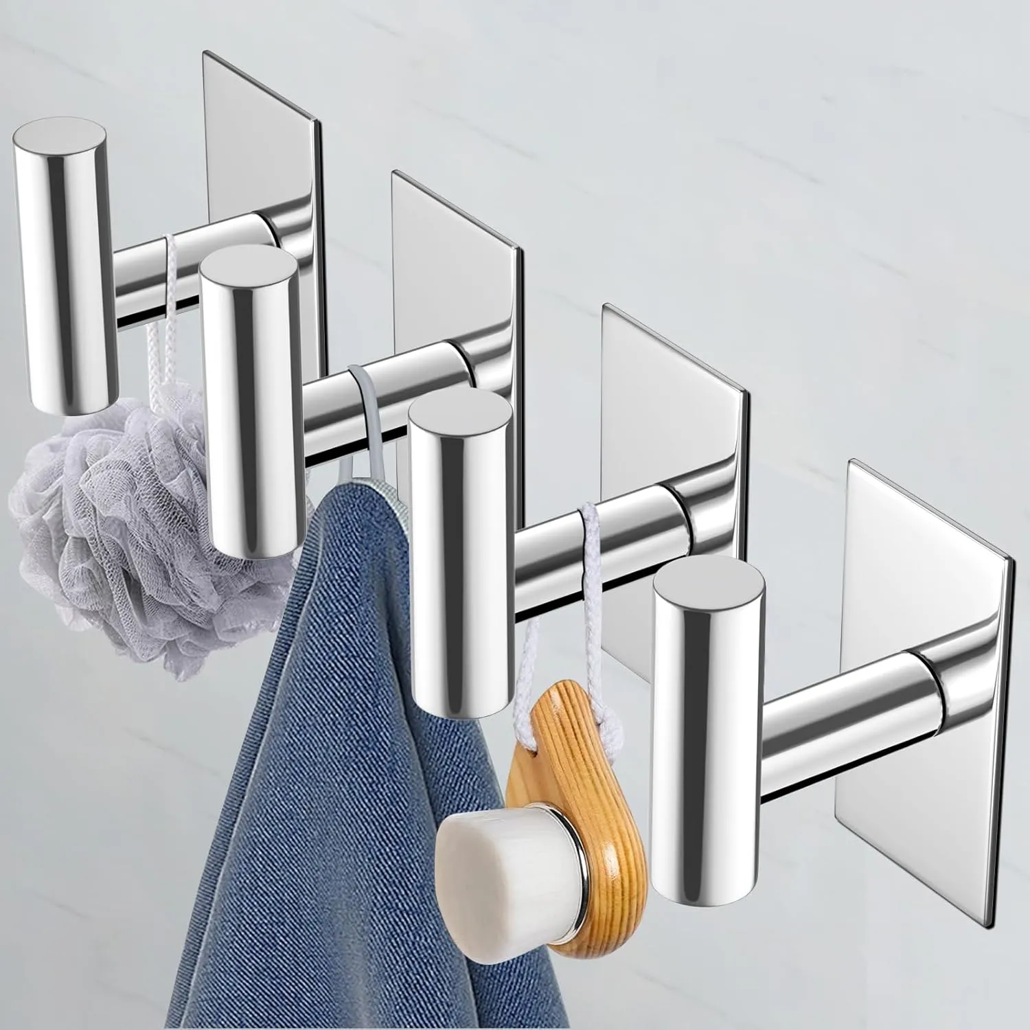VAEHOLD Wall Towel Hooks, Heavy Duty Sticky Holder Waterproof Towel Hooks for Hanging Coat, Clothes, Closet Hook Wall Mount for Kitchen (Chrome, Adhesive 4 Pack)
