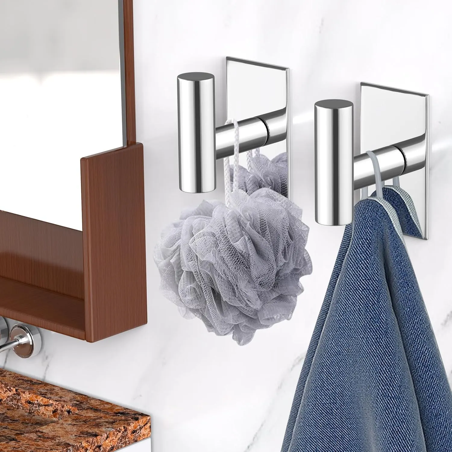VAEHOLD Wall Towel Hooks, Heavy Duty Sticky Holder Waterproof Towel Hooks for Hanging Coat, Clothes, Closet Hook Wall Mount for Kitchen (Chrome, Adhesive 4 Pack)
