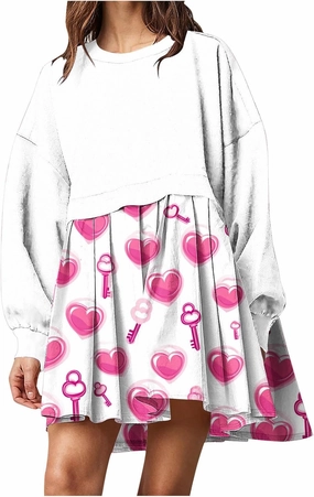 Valentines Dress for Women,Casual Cute Spring Dress Love Heart Print Long Sleeve Mini Dress for Date Night Going Out