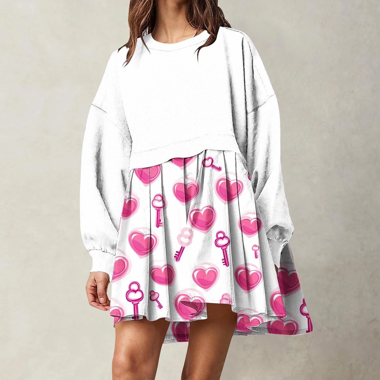 Valentines Dress for Women,Casual Cute Spring Dress Love Heart Print Long Sleeve Mini Dress for Date Night Going Out