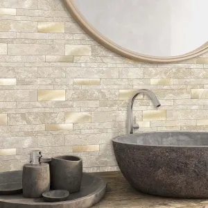VAOVI Backsplash Tile Peel and Stick Kitchen Stone Subway Linear Mosaic Bathroom Shower Wall Waterproof(10pcs,Beige)