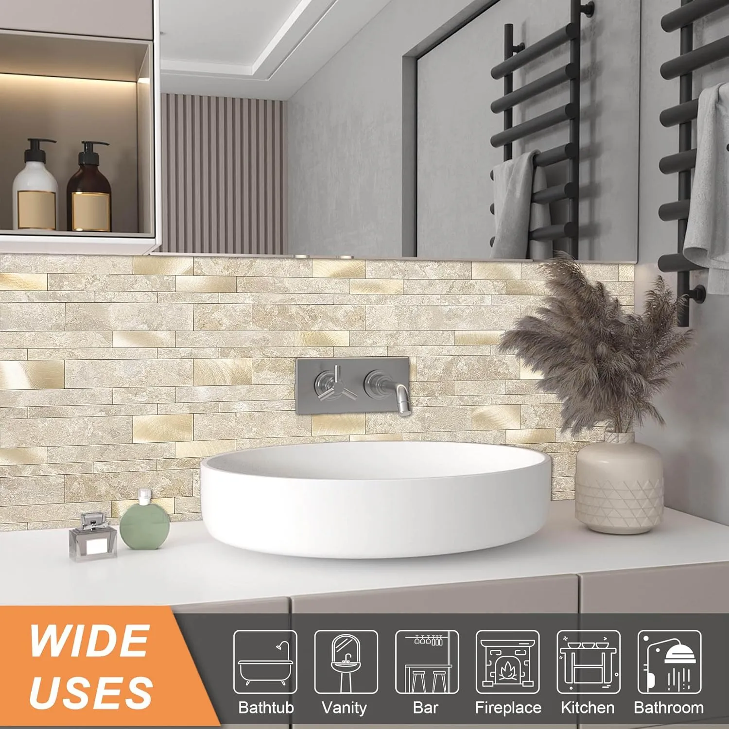 VAOVI Backsplash Tile Peel and Stick Kitchen Stone Subway Linear Mosaic Bathroom Shower Wall Waterproof(10pcs,Beige)