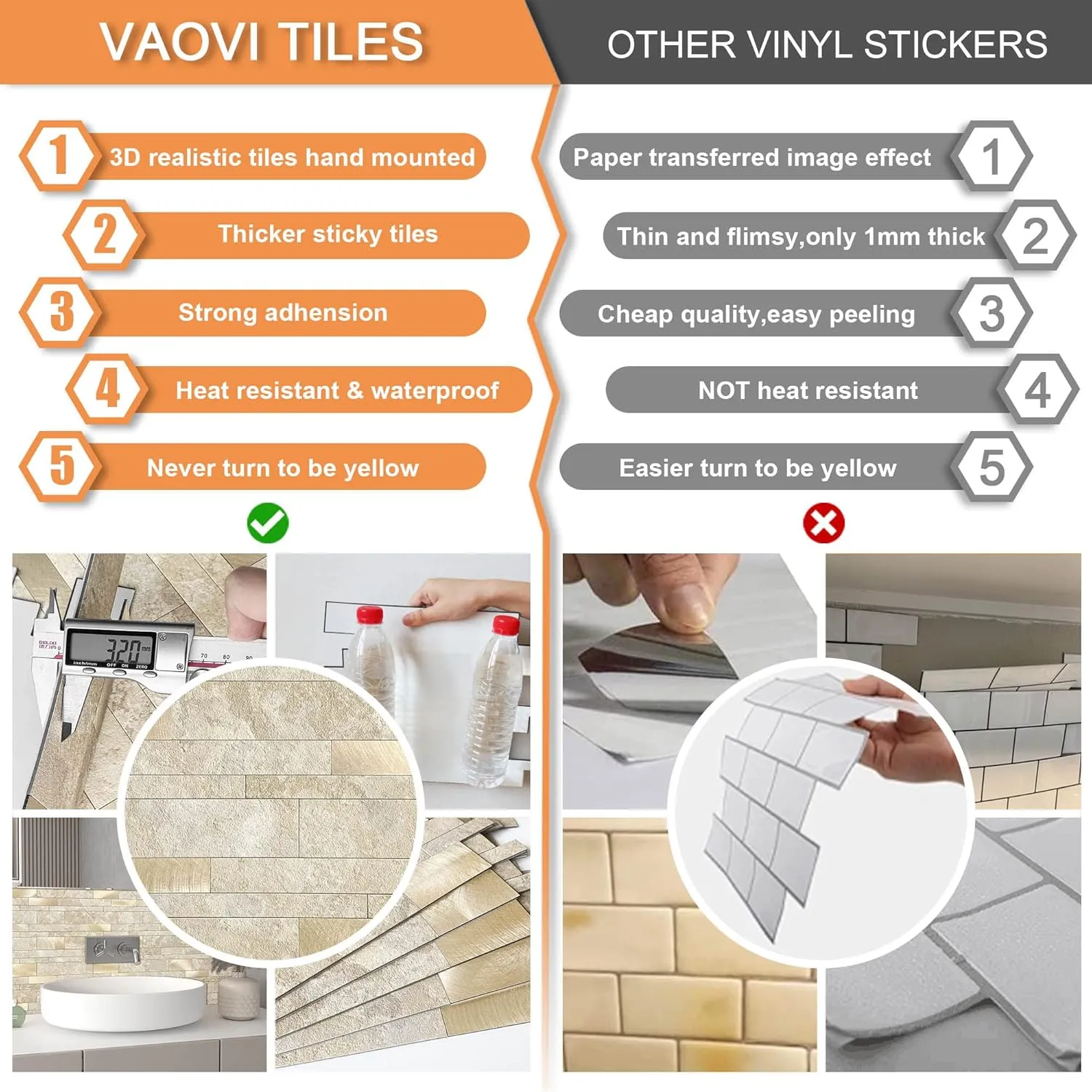 VAOVI Backsplash Tile Peel and Stick Kitchen Stone Subway Linear Mosaic Bathroom Shower Wall Waterproof(10pcs,Beige)