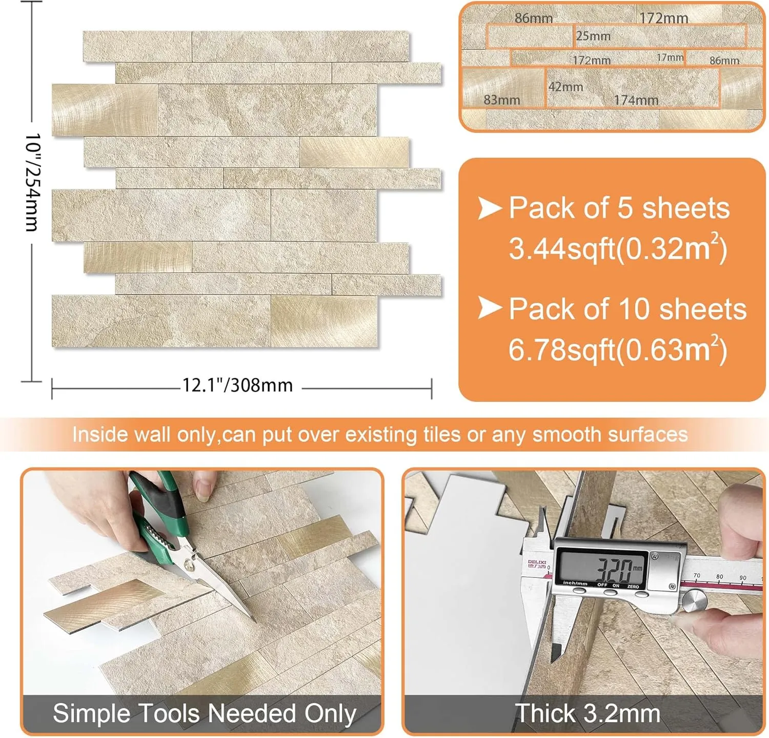 VAOVI Backsplash Tile Peel and Stick Kitchen Stone Subway Linear Mosaic Bathroom Shower Wall Waterproof(10pcs,Beige)