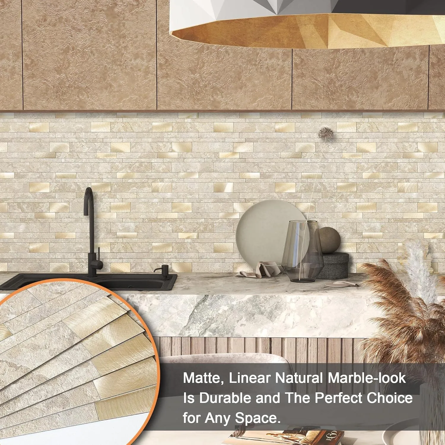 VAOVI Backsplash Tile Peel and Stick Kitchen Stone Subway Linear Mosaic Bathroom Shower Wall Waterproof(10pcs,Beige)