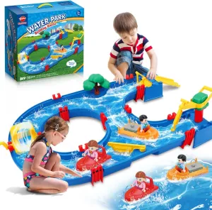 VATOS Kids Water Table Toy Outdoor in Summer, 39pcs DIY Mini Water Park Building Blocks Toy on Table or Lawn,Beach, Water Toy with 2 Boats, for Kids in Summer Outdoor Backyard