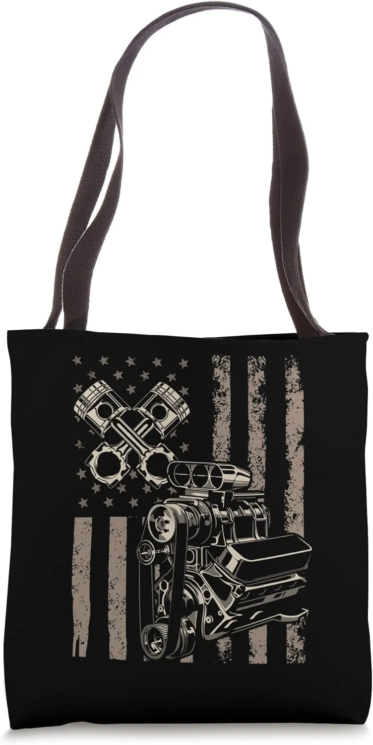 Vintage Muscle Car Piston USA Flag for Patriotic Mechanic Tote Bag