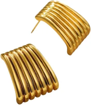 Vintage Texture Striped Wide Fan-Shape Stud Earrings For Women Waterproof Stainless Steel Gold Plated Geometric Designer Jewelry