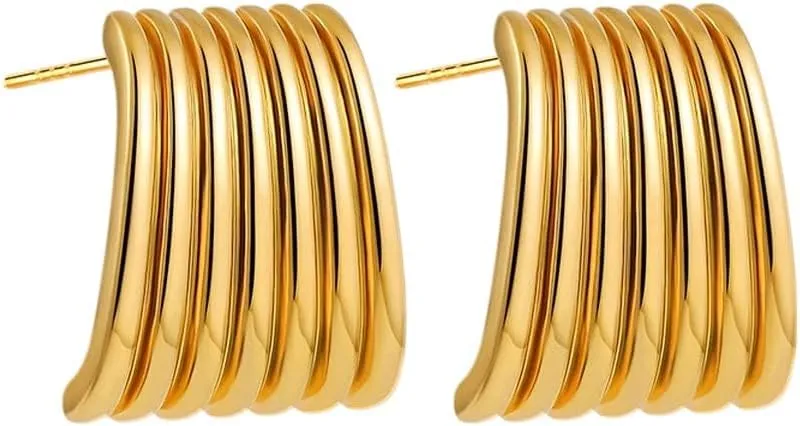 Vintage Texture Striped Wide Fan-Shape Stud Earrings For Women Waterproof Stainless Steel Gold Plated Geometric Designer Jewelry