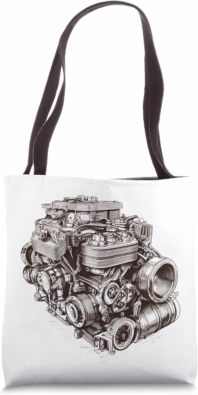 Vintage Engine Block Blueprint Diagram – Men's Car Graphic Tote Bag