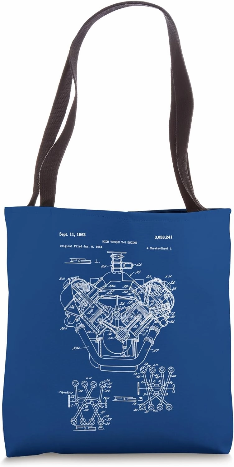 Vintage Engine Block Blueprint Diagram – Men's Car Graphic Tote Bag