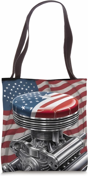 Vintage Muscle Car Piston USA Flag for Patriotic Mechanic Tote Bag