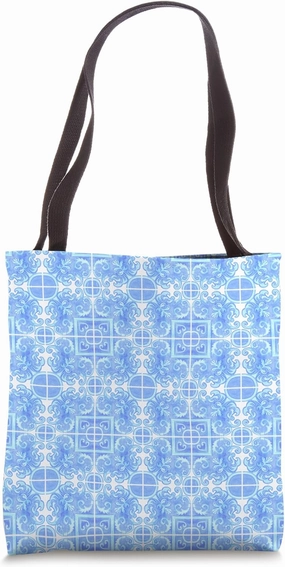 Vintage Porcelain Tiles Mediterranean Mosaic Watercolor Blue Tote Bag