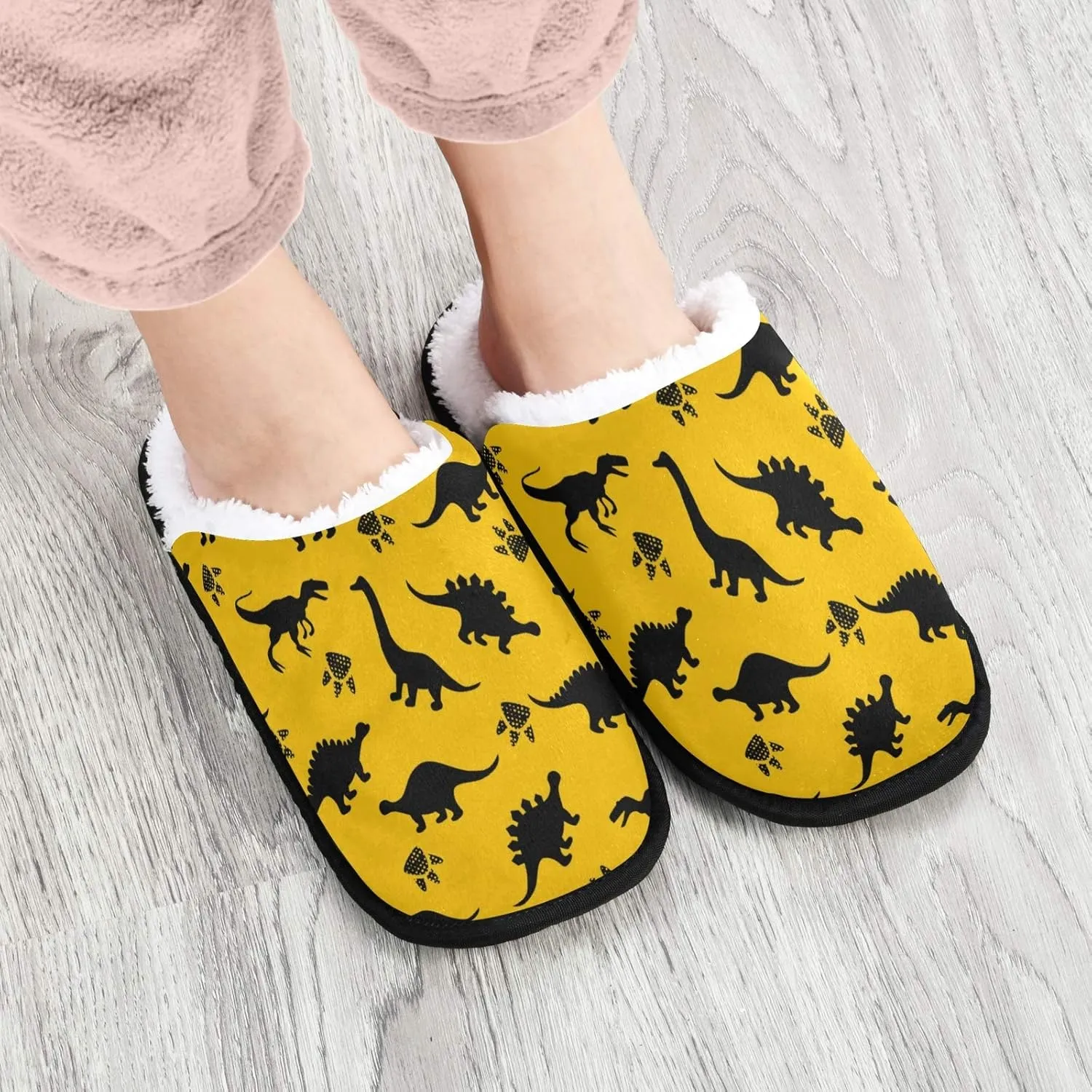visesunny Black Dinosaur And Footprint Slippers for Women Mens Winter Warm Memory Foam Cotton Home Slippers Soft Plush Fleece Slip on House Slippers for Girls Indoor Outdoor Shoes
