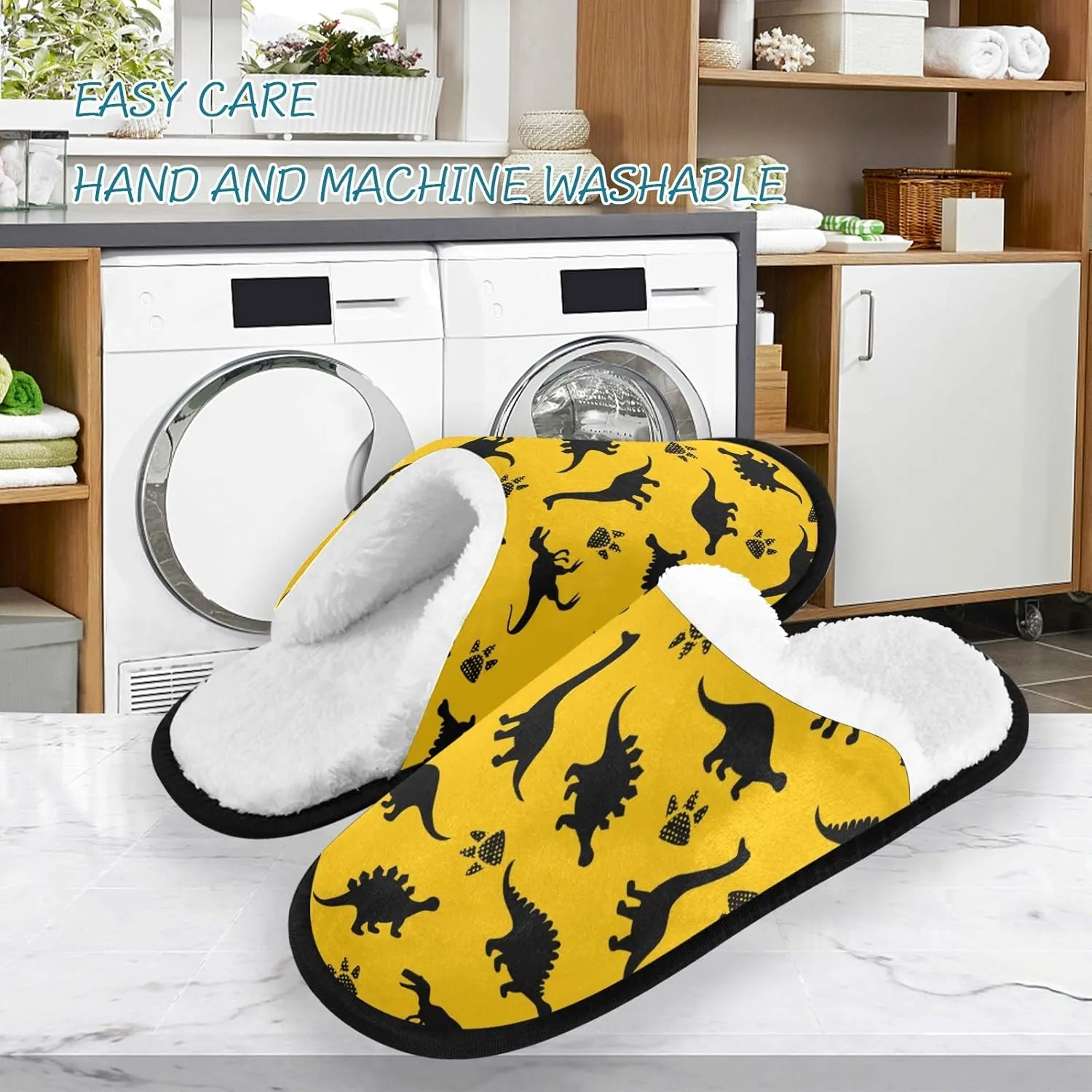 visesunny Black Dinosaur And Footprint Slippers for Women Mens Winter Warm Memory Foam Cotton Home Slippers Soft Plush Fleece Slip on House Slippers for Girls Indoor Outdoor Shoes