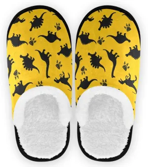 visesunny Black Dinosaur And Footprint Slippers for Women Mens Winter Warm Memory Foam Cotton Home Slippers Soft Plush Fleece Slip on House Slippers for Girls Indoor Outdoor Shoes