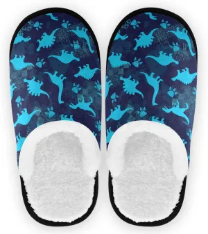 visesunny Blue Dinosaur Footprint Slippers for Women Mens Winter Warm Memory Foam Cotton Home Slippers Soft Plush Fleece Slip on House Slippers for Girls Indoor Outdoor Shoes