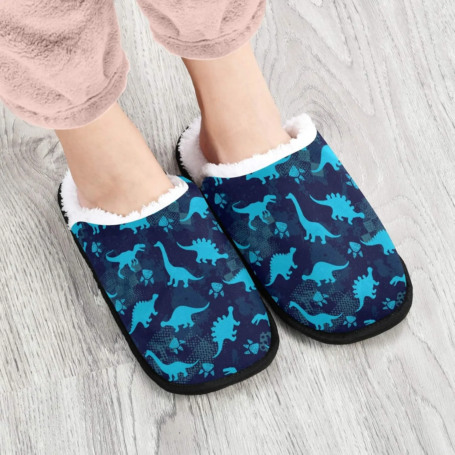 visesunny Blue Dinosaur Footprint Slippers for Women Mens Winter Warm Memory Foam Cotton Home Slippers Soft Plush Fleece Slip on House Slippers for Girls Indoor Outdoor Shoes