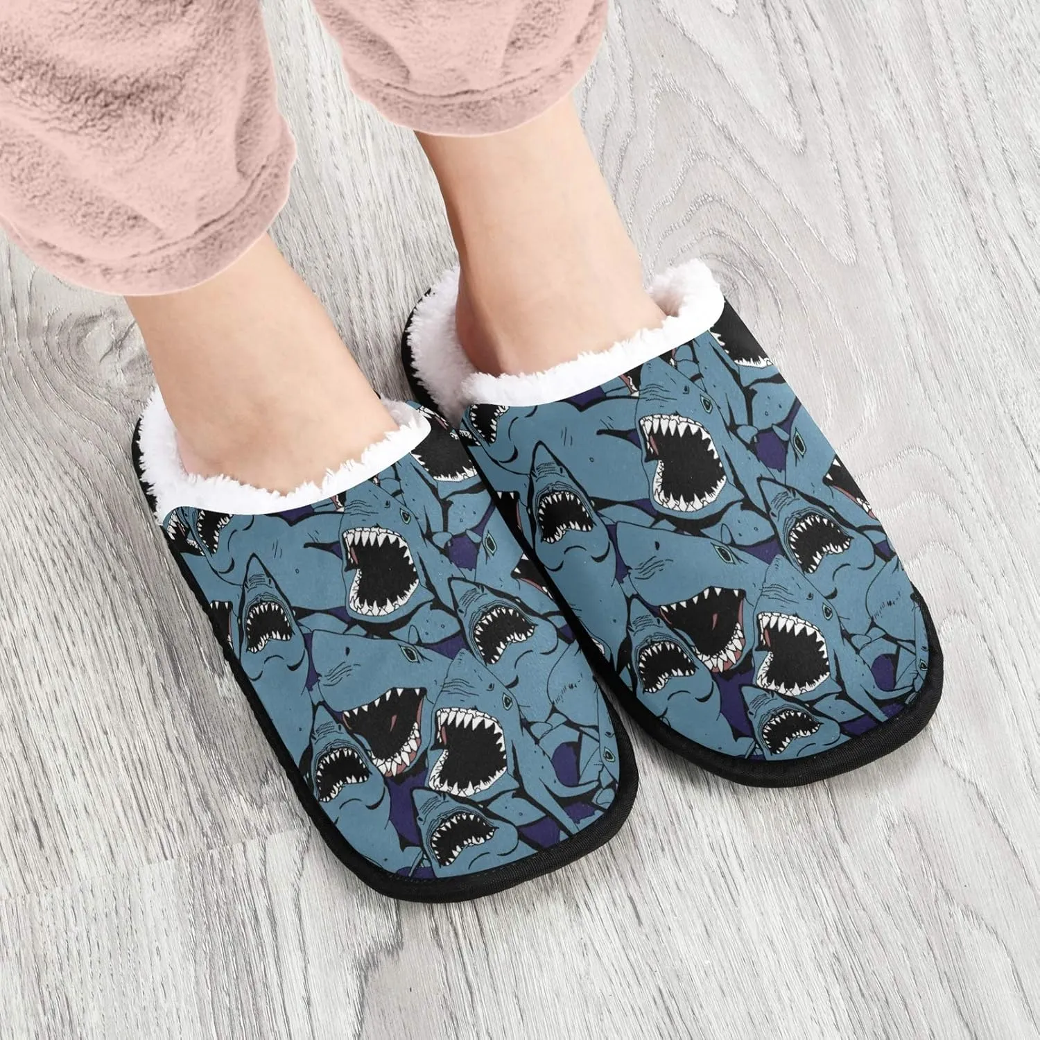 visesunny Blue Shark With Sharp Teeth Animal Slippers for Women Mens Winter Warm Memory Foam Cotton Home Slippers Soft Plush Fleece Slip on House Slippers for Girls Indoor Outdoor Shoes
