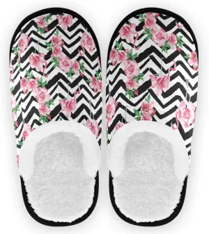 visesunny Slippers for Women Mens Tropical Pink Flamingo Flower Wavy Stripe Winter Warm Memory Foam Cotton Home Slippers Soft Plush Fleece Slip on House Slippers for Girls Indoor Outdoor Shoes