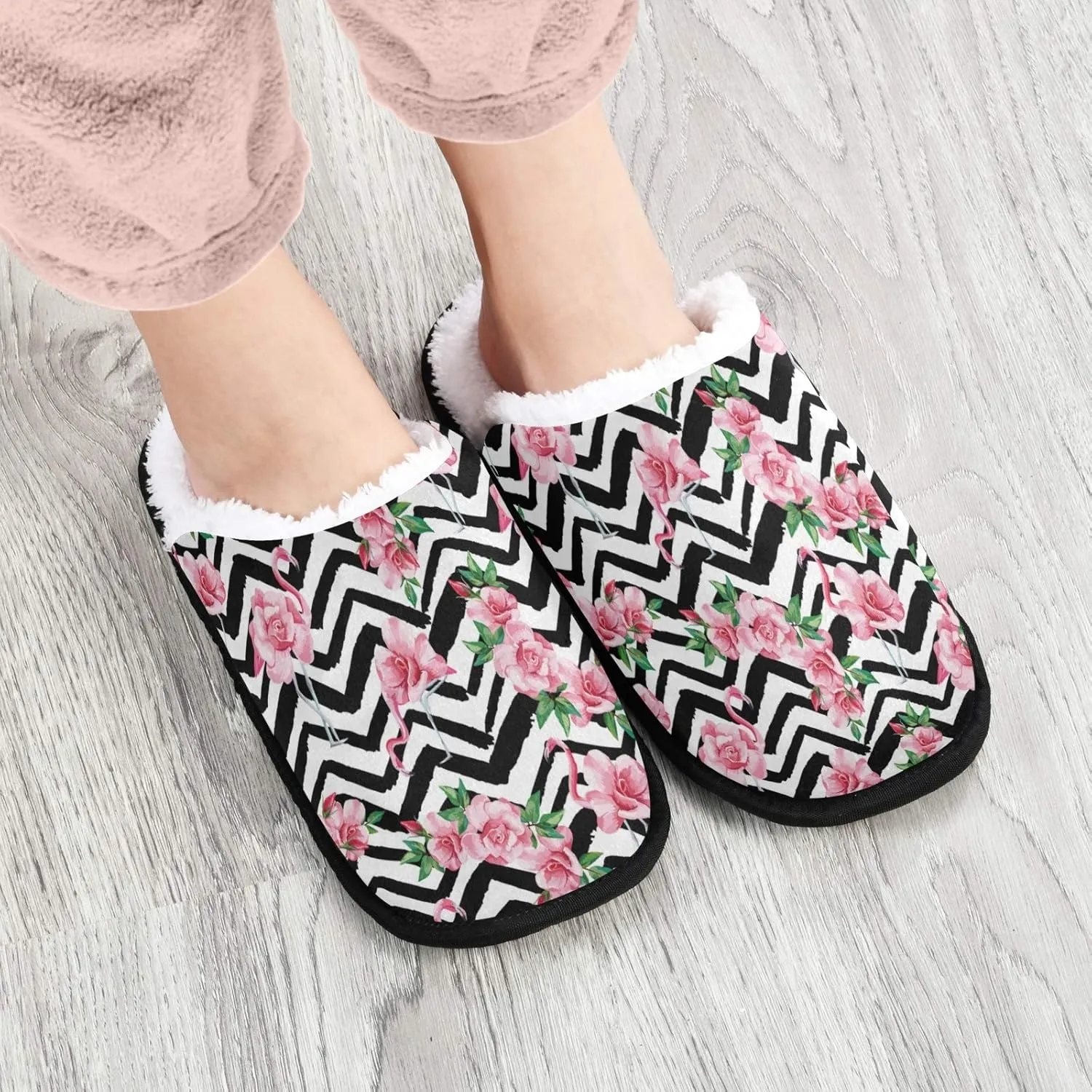 visesunny Slippers for Women Mens Tropical Pink Flamingo Flower Wavy Stripe Winter Warm Memory Foam Cotton Home Slippers Soft Plush Fleece Slip on House Slippers for Girls Indoor Outdoor Shoes
