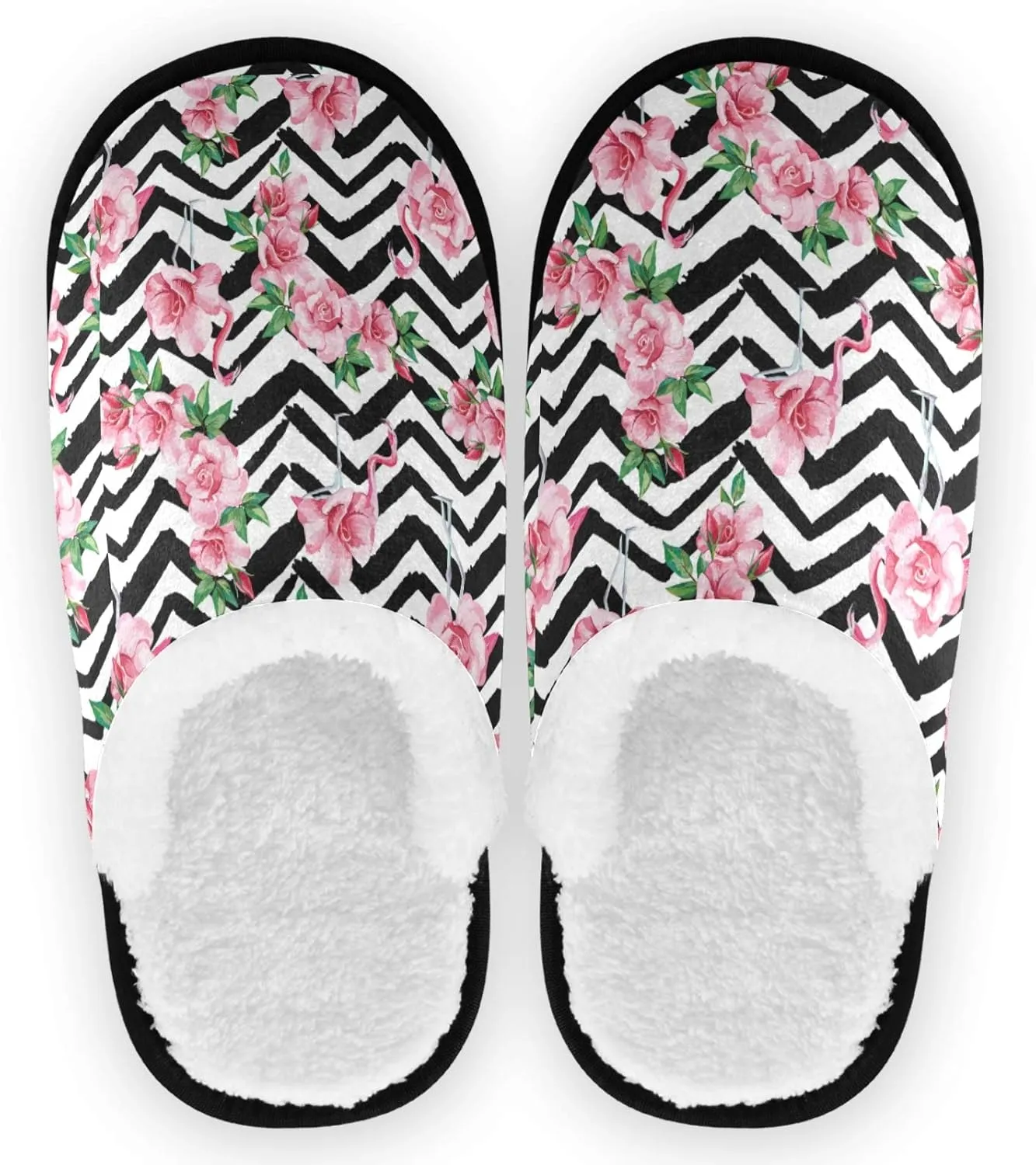visesunny Slippers for Women Mens Tropical Pink Flamingo Flower Wavy Stripe Winter Warm Memory Foam Cotton Home Slippers Soft Plush Fleece Slip on House Slippers for Girls Indoor Outdoor Shoes