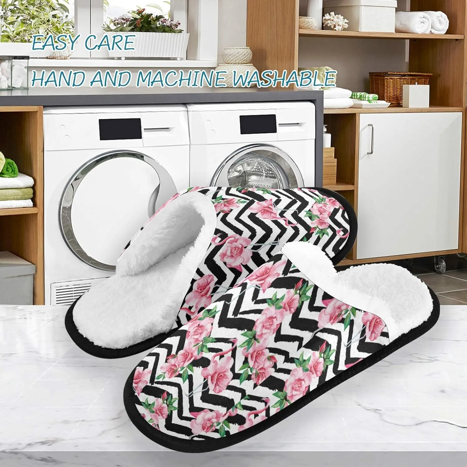 visesunny Slippers for Women Mens Tropical Pink Flamingo Flower Wavy Stripe Winter Warm Memory Foam Cotton Home Slippers Soft Plush Fleece Slip on House Slippers for Girls Indoor Outdoor Shoes