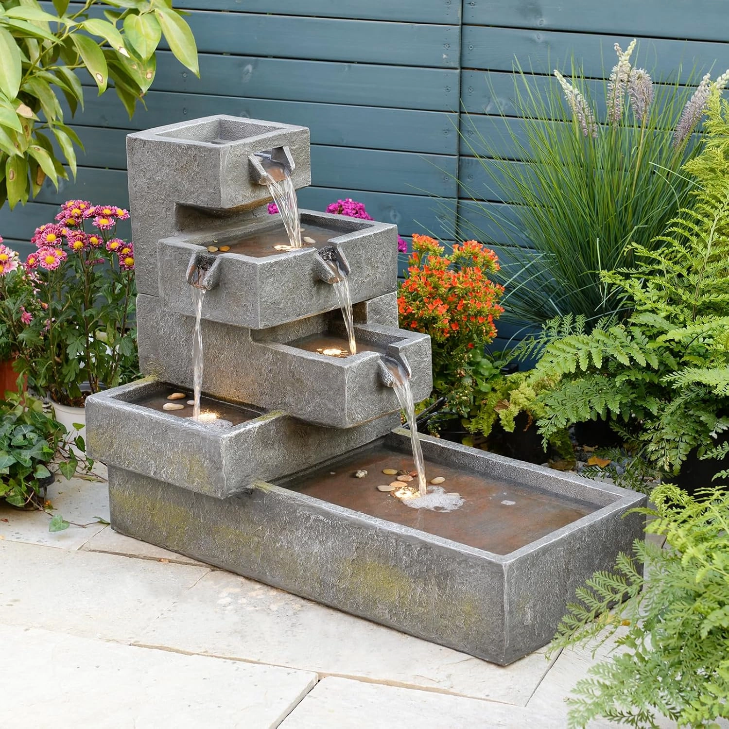 Water Fountain Outdoor Garden - Waterfall Freestanding Cascade Tiered Fountains Modern Style with LED Lights for Patio Backyard Pool Home Decor, 32.5 inches Long, Gray