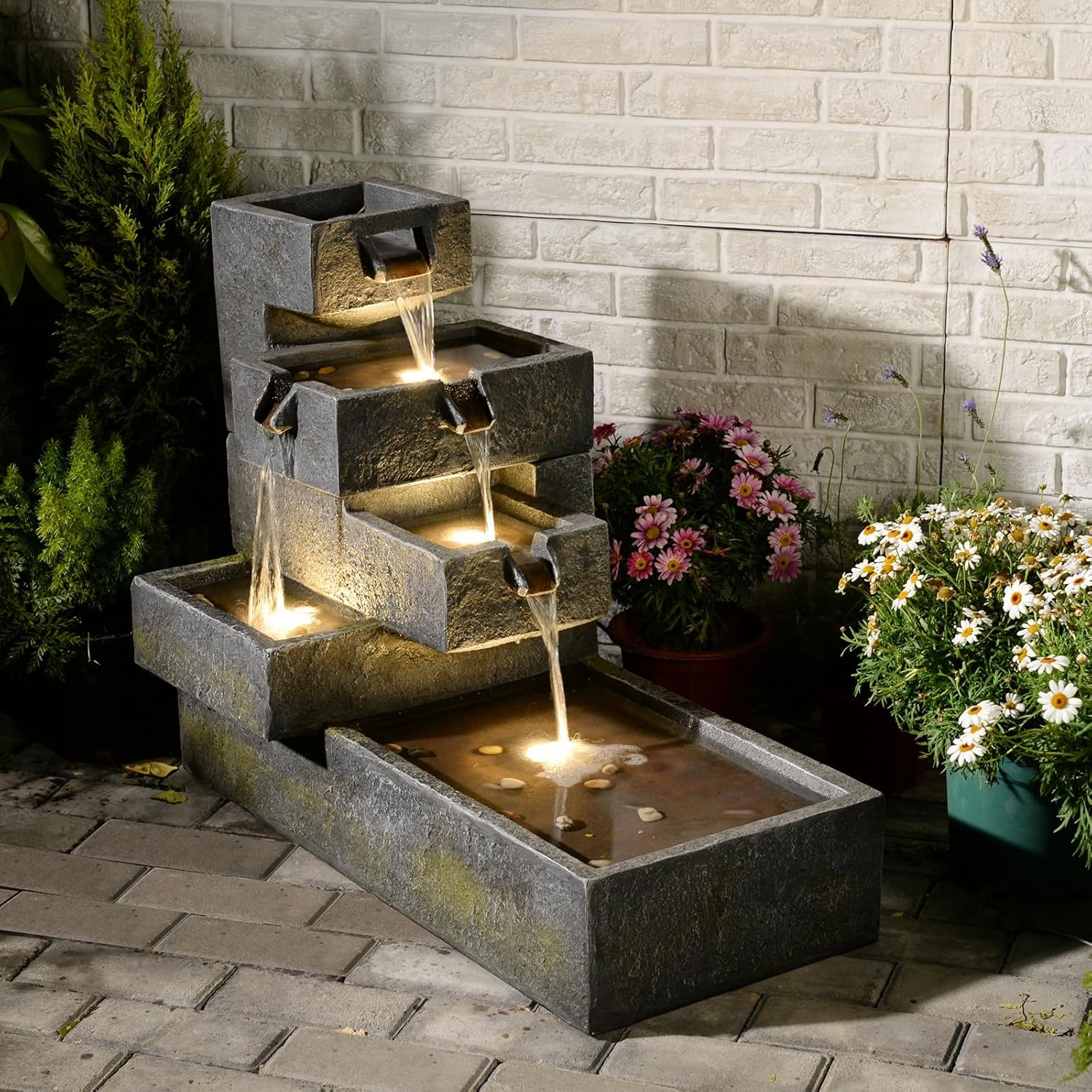 Water Fountain Outdoor Garden - Waterfall Freestanding Cascade Tiered Fountains Modern Style with LED Lights for Patio Backyard Pool Home Decor, 32.5 inches Long, Gray