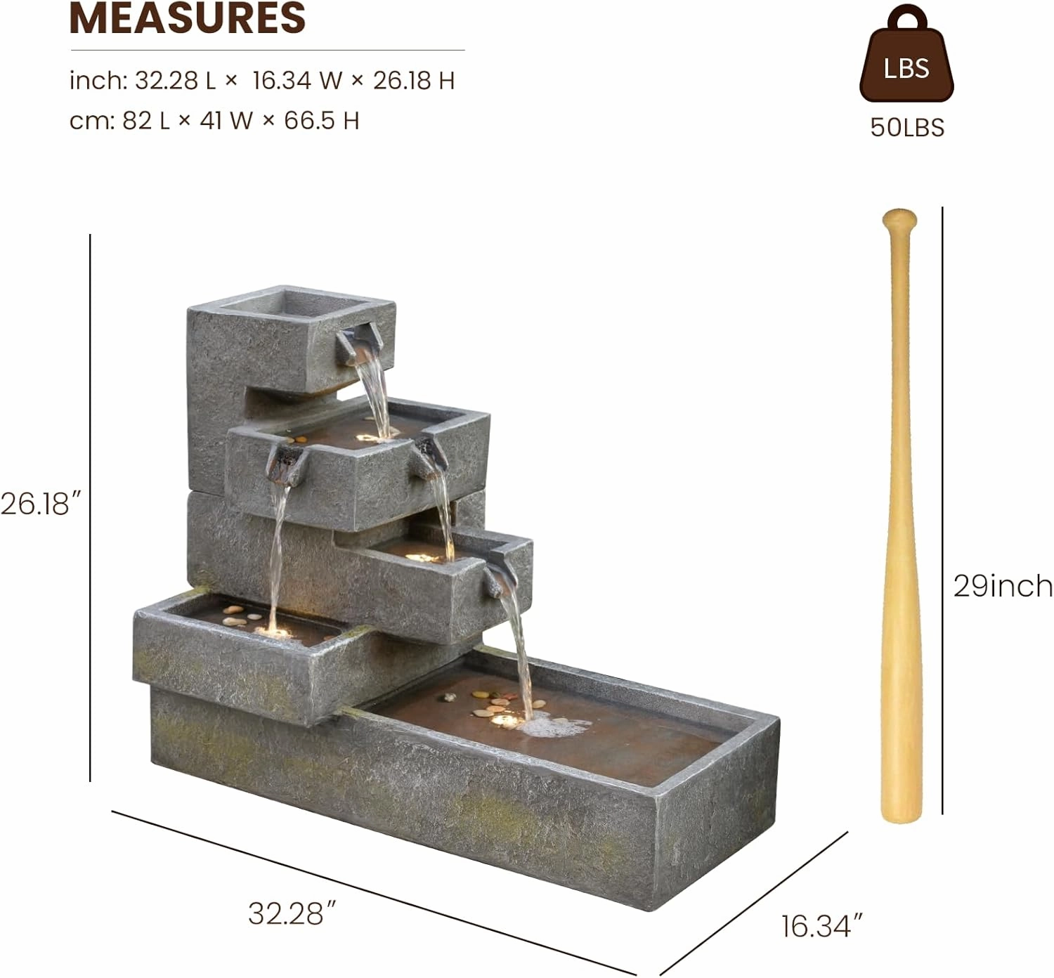 Water Fountain Outdoor Garden - Waterfall Freestanding Cascade Tiered Fountains Modern Style with LED Lights for Patio Backyard Pool Home Decor, 32.5 inches Long, Gray