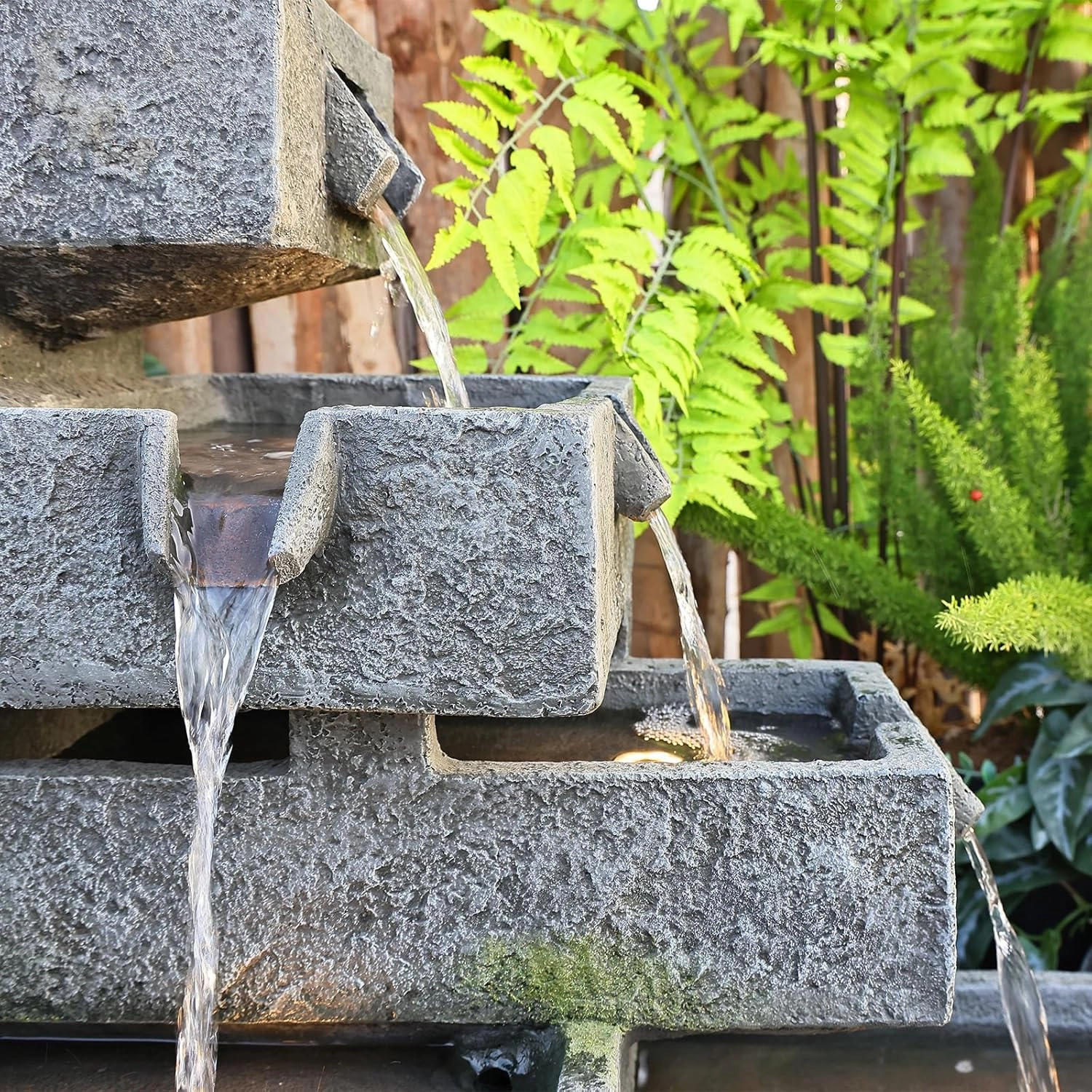 Water Fountain Outdoor Garden - Waterfall Freestanding Cascade Tiered Fountains Modern Style with LED Lights for Patio Backyard Pool Home Decor, 32.5 inches Long, Gray