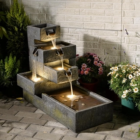 Water Fountain Outdoor Garden - Waterfall Freestanding Cascade Tiered Fountains Modern Style with LED Lights for Patio Backyard Pool Home Decor, 32.5 inches Long, Gray