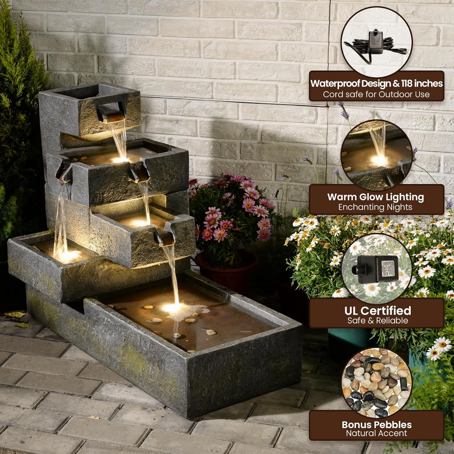 Water Fountain Outdoor Garden - Waterfall Freestanding Cascade Tiered Fountains Modern Style with LED Lights for Patio Backyard Pool Home Decor, 32.5 inches Long, Gray