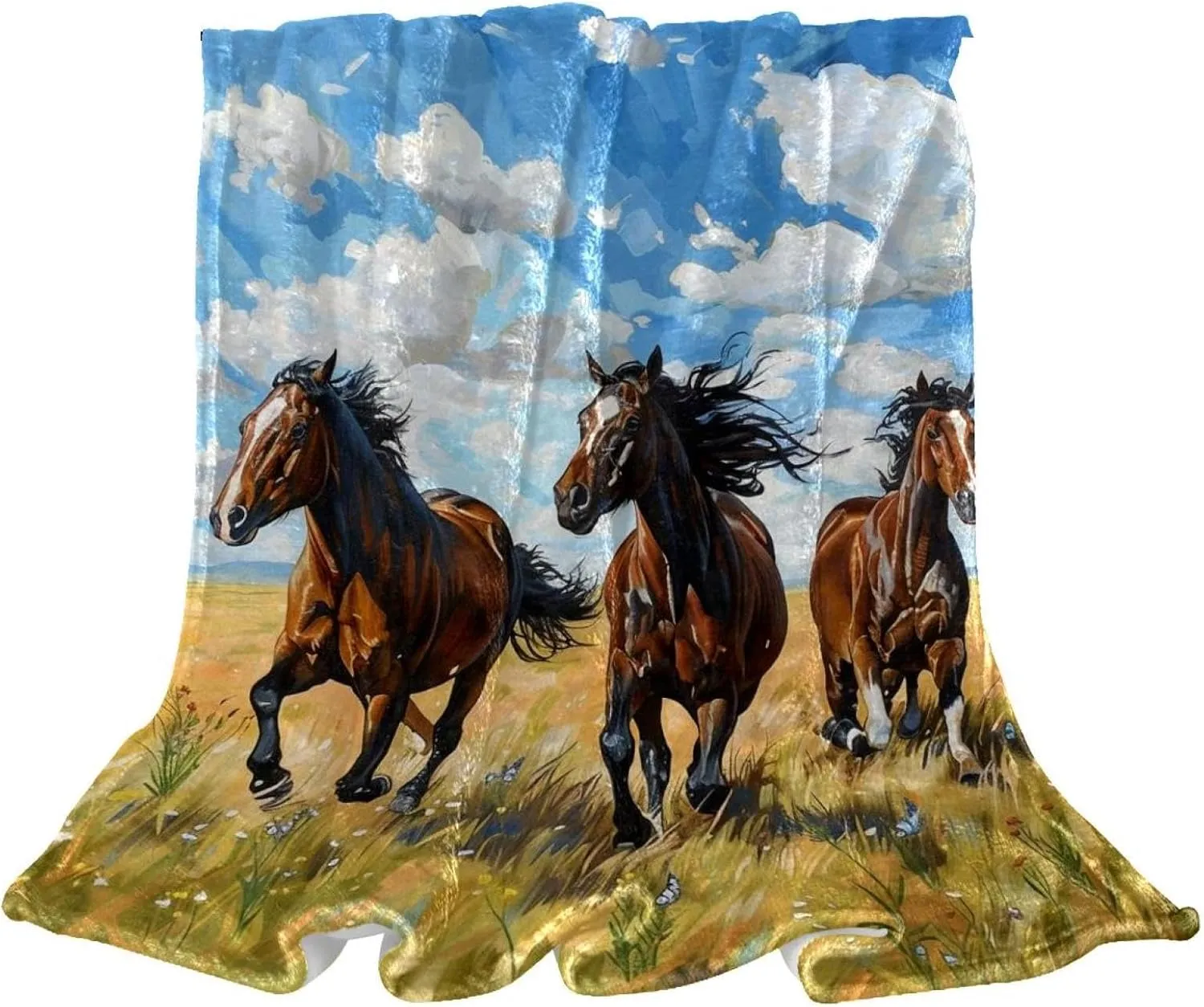 Watercolor Horse Runs on Grassland Plush Throw Blanket for Couch 59" x 79" - Lightweight Soft Blankets and Throws for Sofa Camping Beach Picnic
