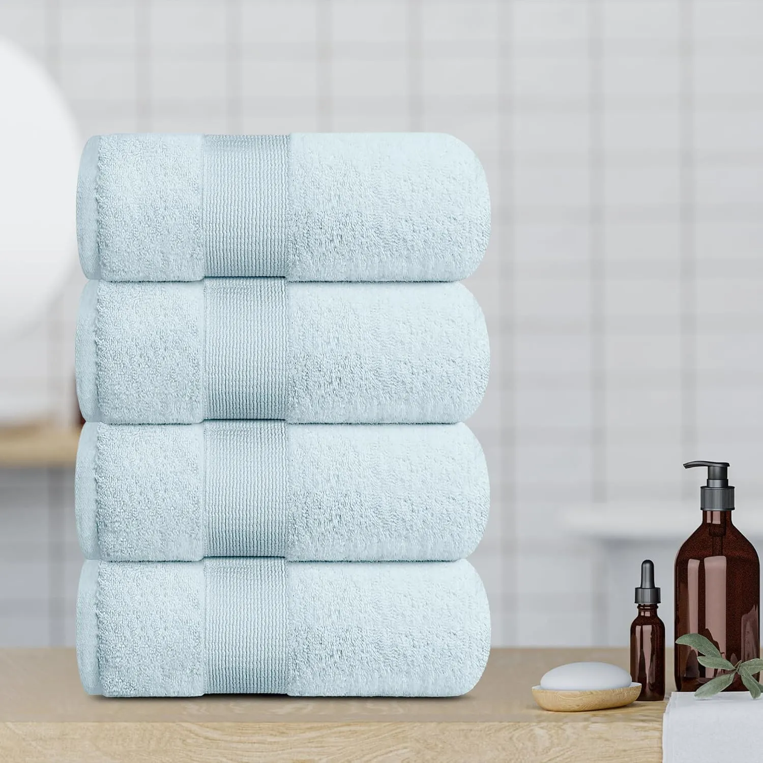 White Classic Resort Collection Soft Bath Towels | 28x55 Luxury Hotel Plush & Absorbent Cotton Bath Towel Large [4 Pack, Light Blue]