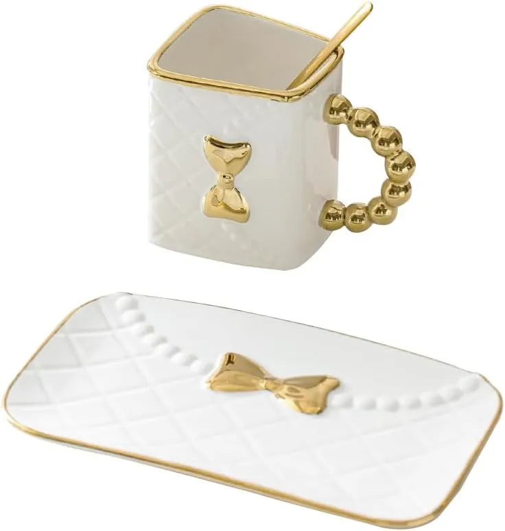 White Handbag Shaped Mug Creative Coffee Cup with Spoon and Saucer Set for Women Mother's Day Valentine's Day