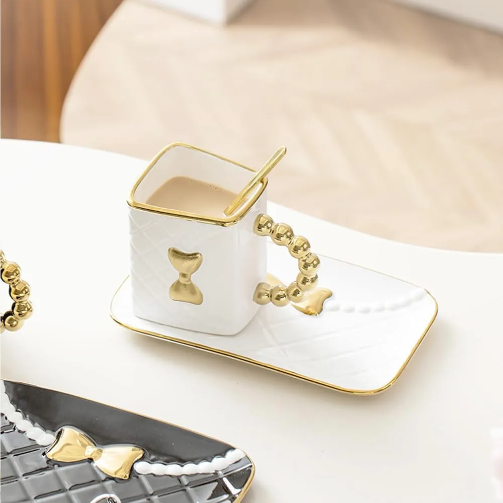 White Handbag Shaped Mug Creative Coffee Cup with Spoon and Saucer Set for Women Mother's Day Valentine's Day
