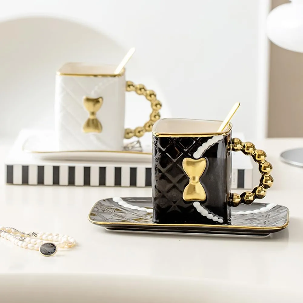 White Handbag Shaped Mug Creative Coffee Cup with Spoon and Saucer Set for Women Mother's Day Valentine's Day