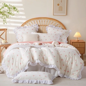 White Ruffle Duvet Cover Full Size Pink Tulips Bedding Cream Color Ruffled Floral Duvet Cover Set Soft Washed Microfiber Vintage Romantic French Duvet Covers for Girls Kids (No Comforter)