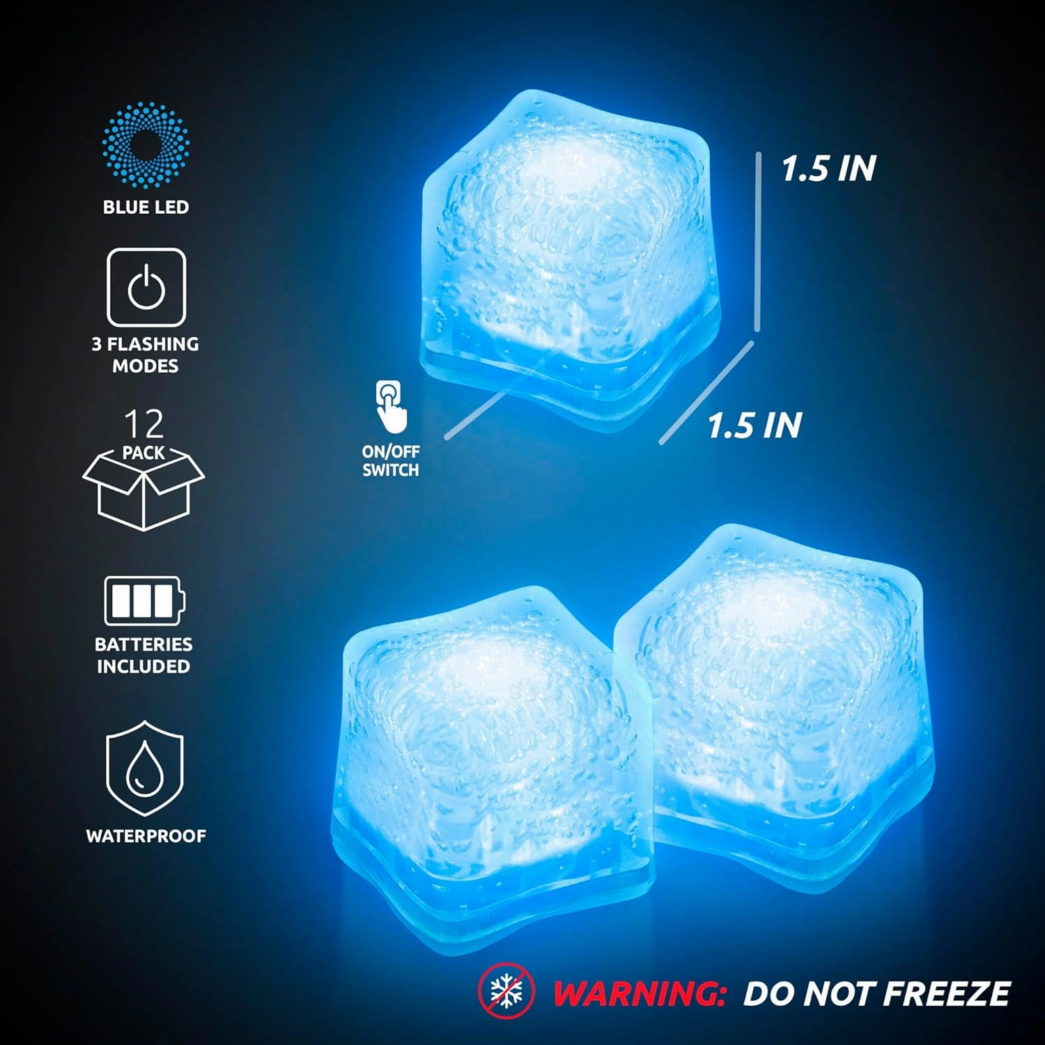 Windy City Novelties 12-Pack Blue LED Ice Cubes with 6 Light Modes - Innovative On/Off Button - Perfect for Parties, Celebrations, Weddings, Birthdays & Festive Occassions