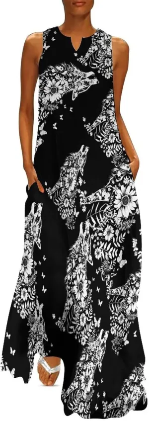 Wolf And Butterflies Women's Maxi Dress V-Neck Sleeveless Summer Casual Beach Long Dresses