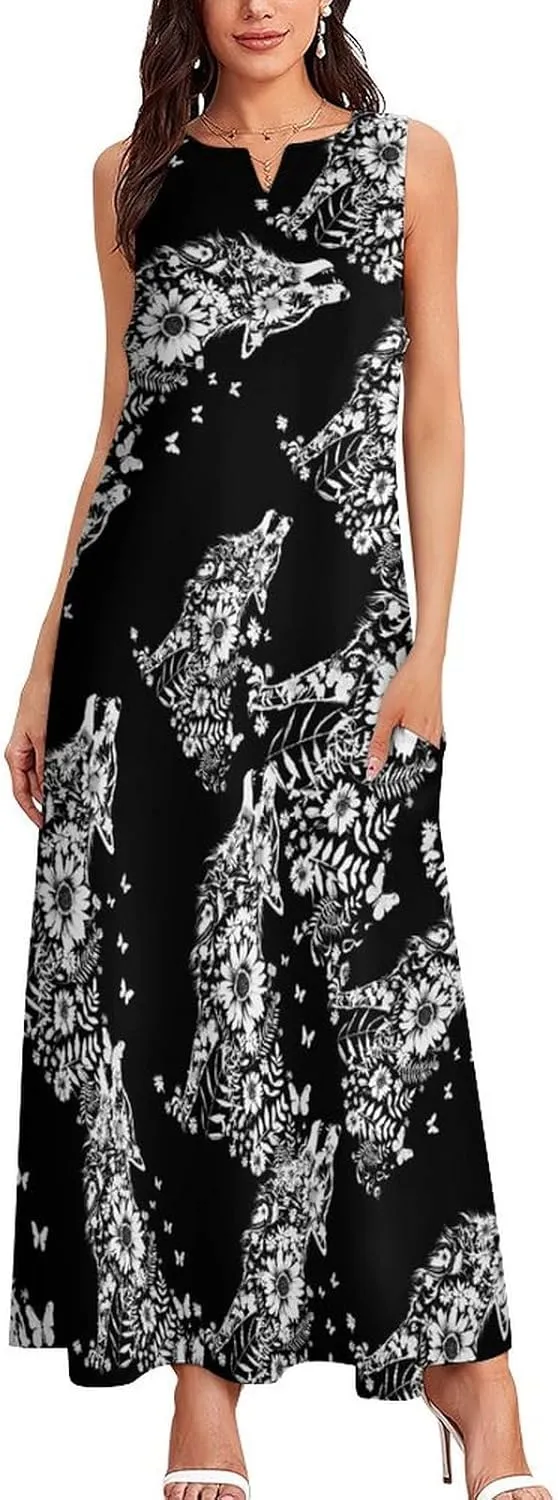 Wolf And Butterflies Women's Maxi Dress V-Neck Sleeveless Summer Casual Beach Long Dresses